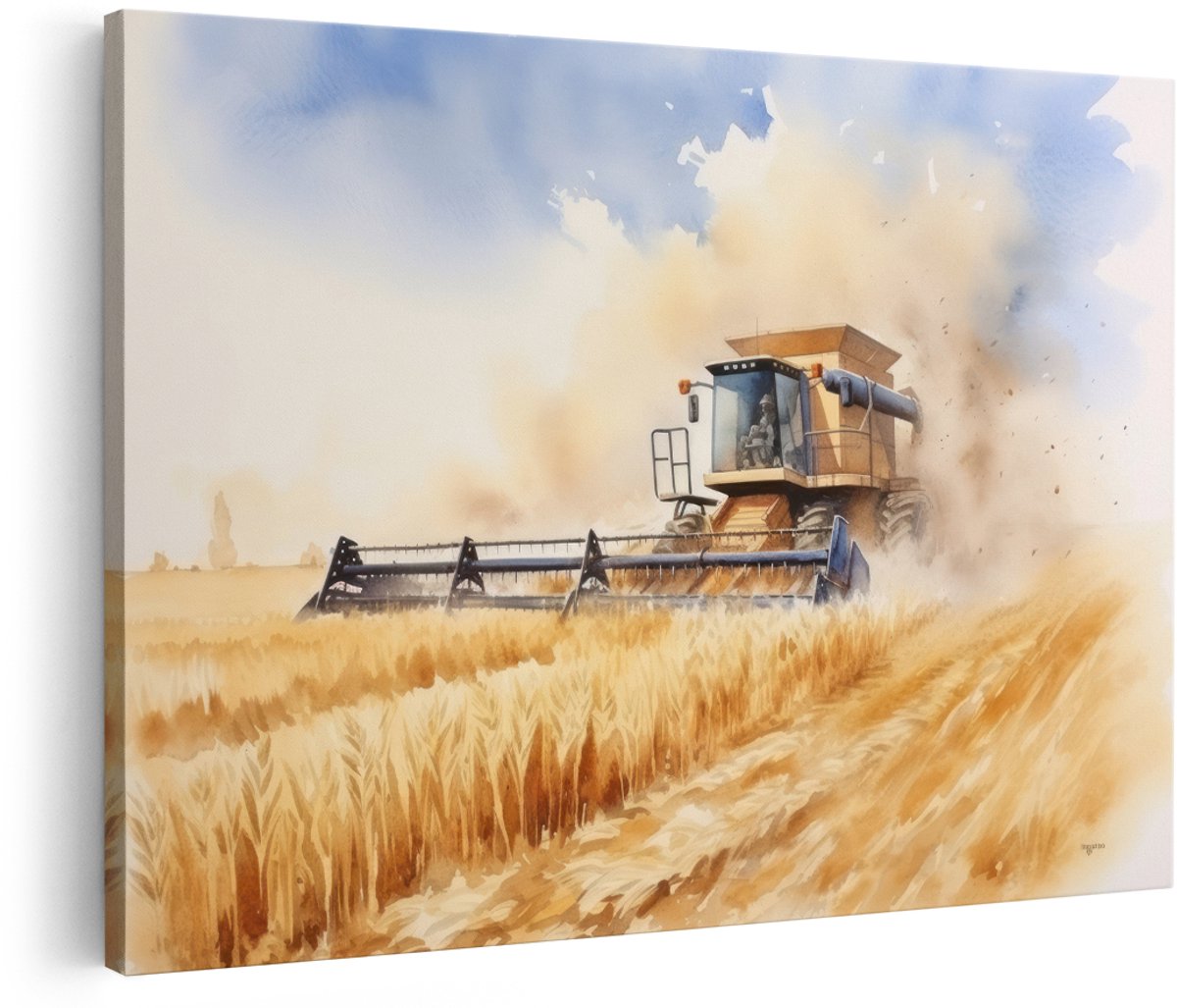 Artaza Canvas Schilderij Combine - 150x100 cm - Groot - Wanddecoratie Tarweveld - Muurdecoratie Landschap - Decoratie Aquarel Boerderij