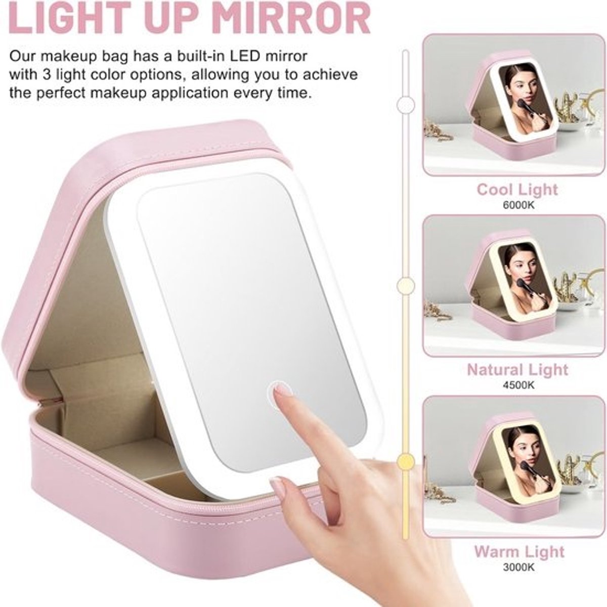 Reis Make-up Tas met Verlichte LED Spiegel en 3 Kleurinstellingen - Cosmetische Opbergkoffer