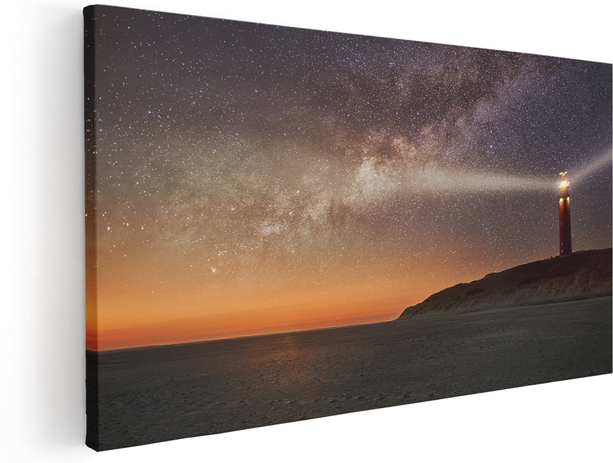 Artaza Canvas Schilderij Vuurtoren Texel in de Nacht - 140x70 cm - Groot - Wanddecoratie Woonkamer - Schilderijen - Muurdecoratie