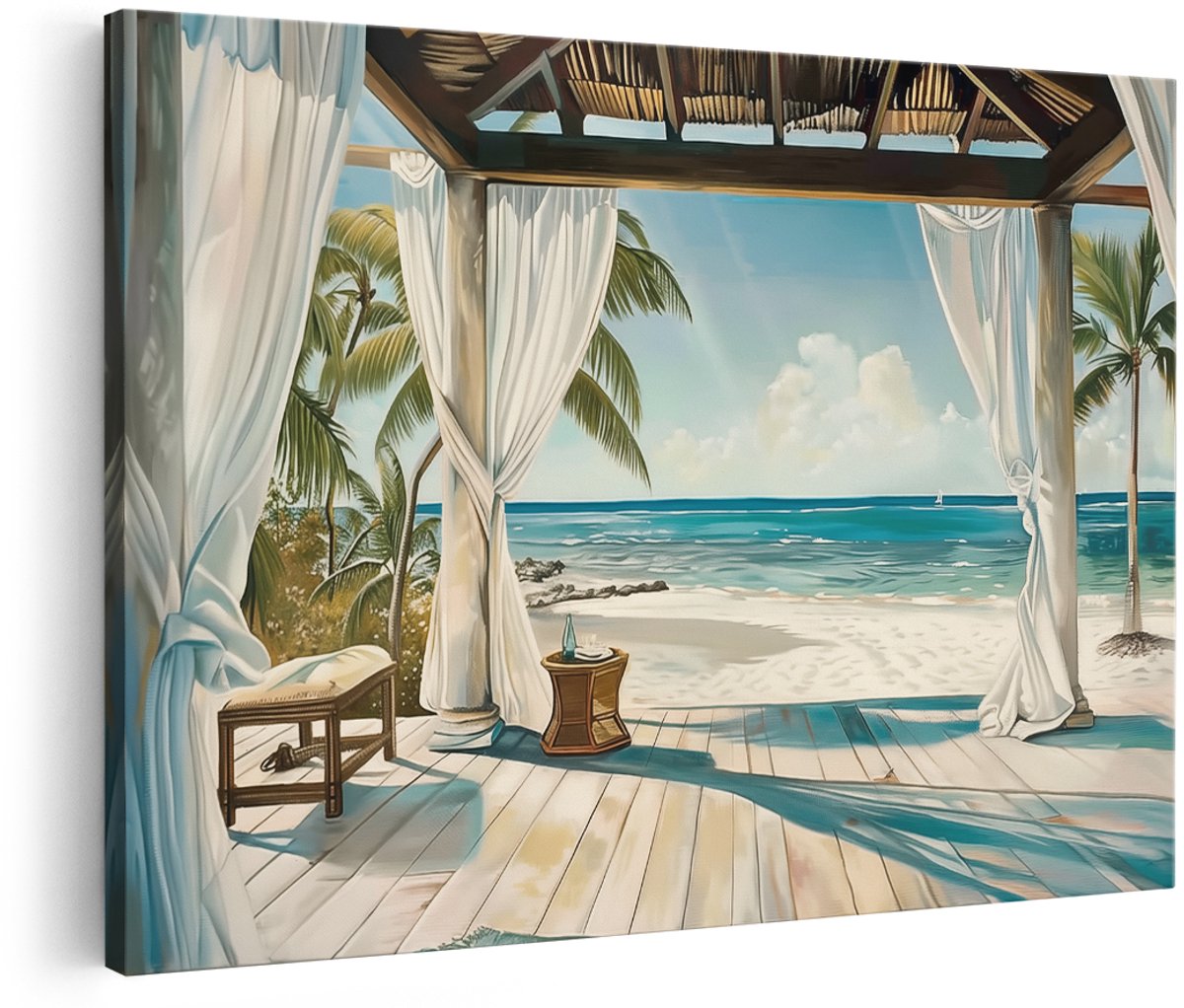 Artaza Canvas Schilderij Kunstwerk van Veranda met Uitzicht op de Oceaan - 150x100 cm - Groot - Wanddecoratie Woonkamer - Schilderijen - Muurdecoratie