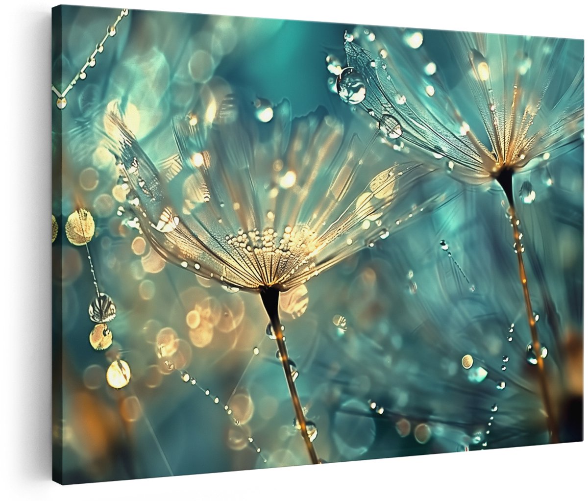 Artaza Canvas Schilderij Close-Up van Paardebloem Bloemen met Waterdruppels - Bloemen - 150x100 cm - Groot - Wanddecoratie Woonkamer - Schilderijen - Muurdecoratie