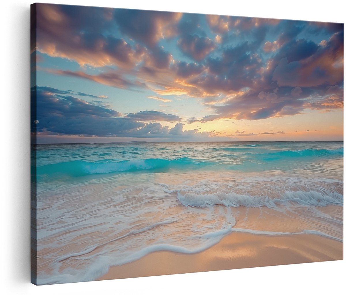 Artaza Canvas Schilderij Strand met Golven bij Zonsondergang - Zonsondergang - 150x100 cm - Groot - Wanddecoratie Woonkamer - Schilderijen - Muurdecoratie
