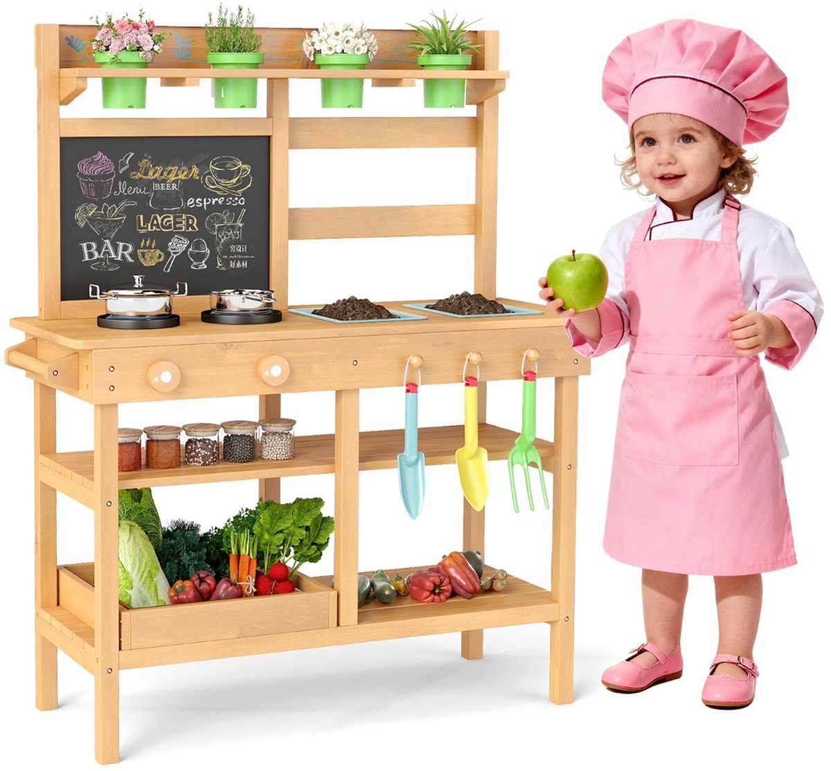 SureDeal® - Rollenspell - Kinderbuitenkeuken Hout Houten - Afneembare Spoelbak - 79x32x95 cm - Naturel