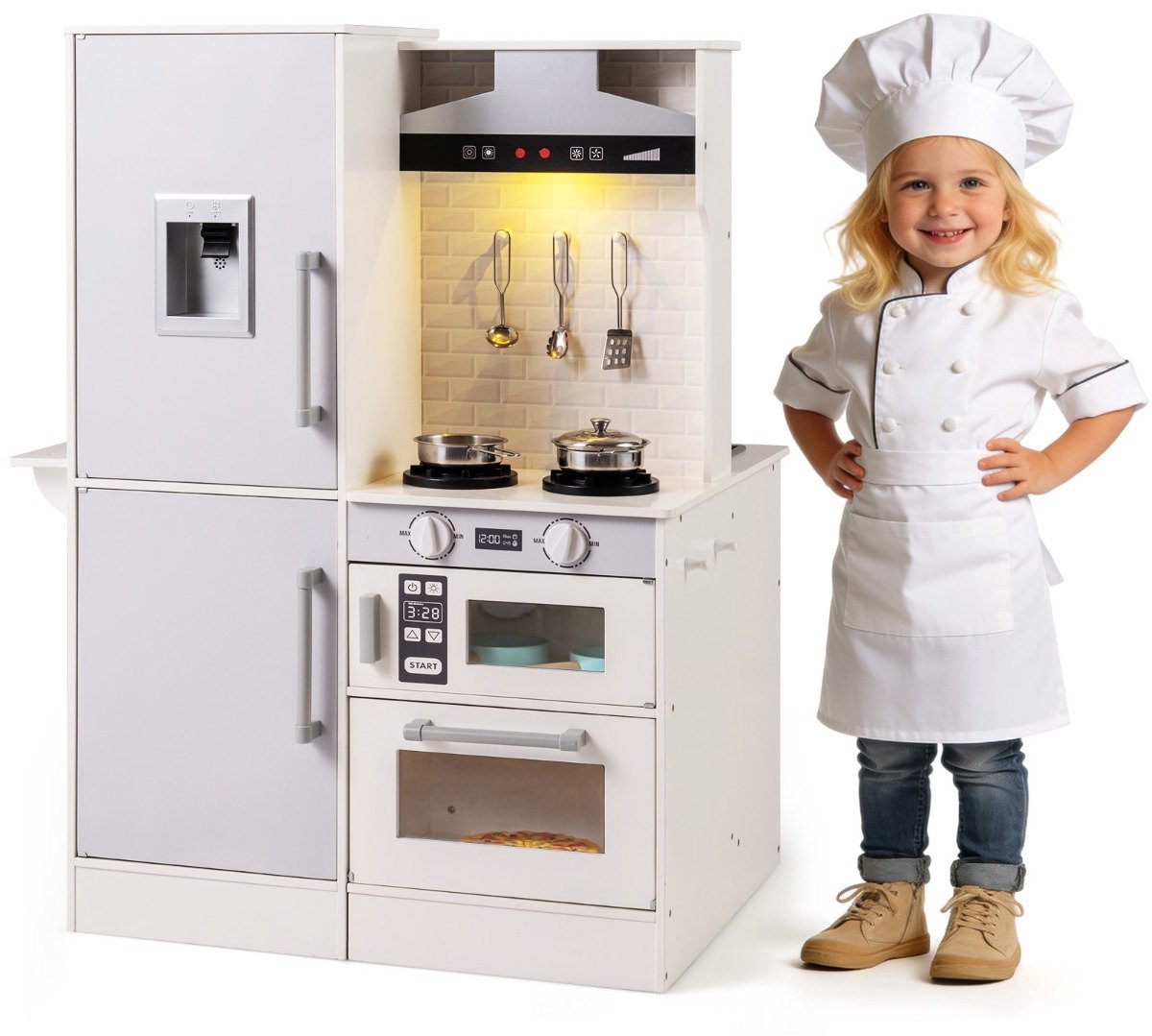 SureDeal® - Rollenspell - Dubbelzijdige Kinderkeuken Houten - Waterdispenser Afzuigkap Magnetron - Kookgerei - 73x55x98 cm - Wit