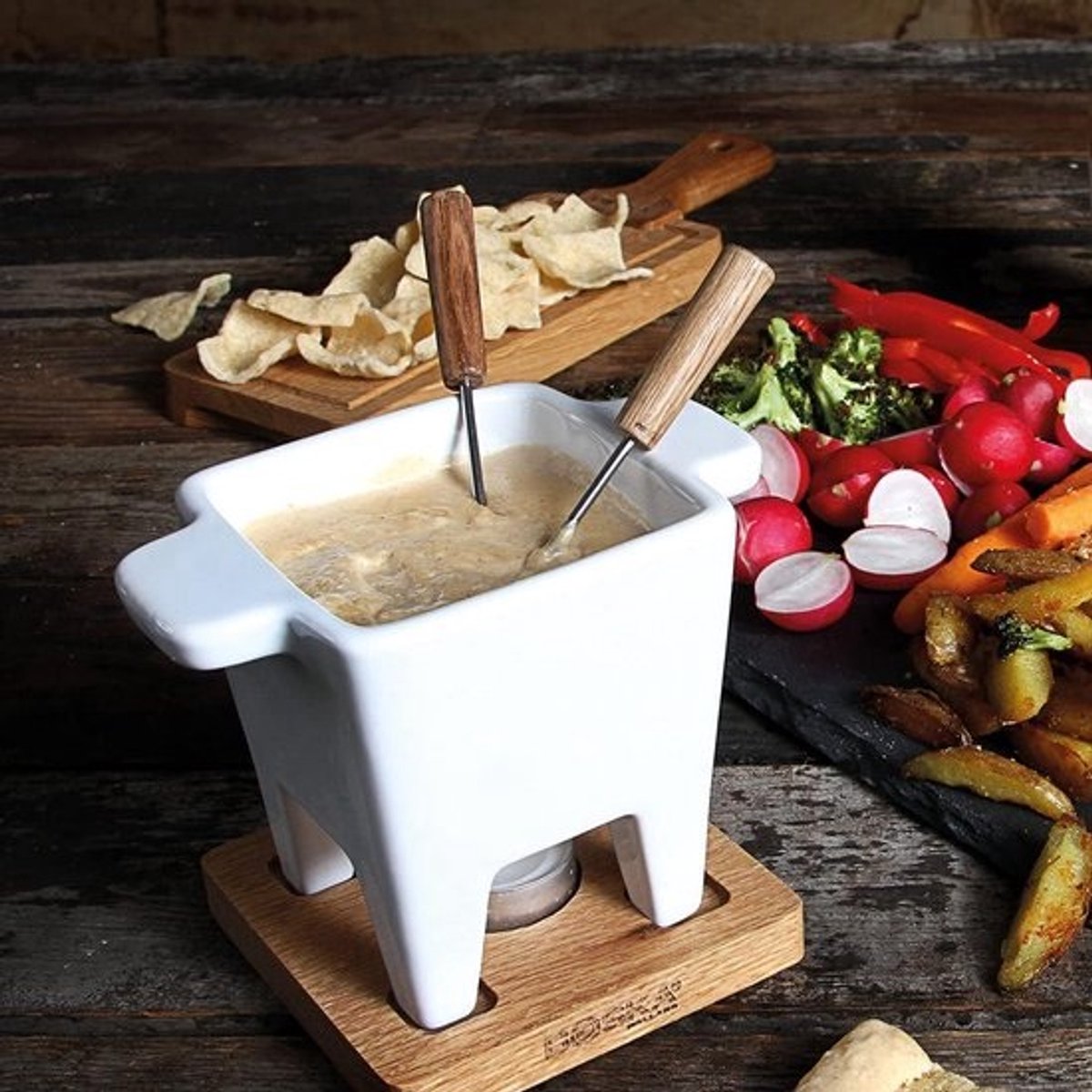 Compact Kaasfondue Set Wit - Keramische Pan op Houten Basis voor 2 Personen — cadeau in Kookcadeaus - foto 2