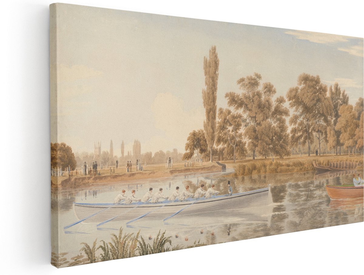 Artaza Canvas Schilderij Roeiwedstrijd - 160x80 cm - Groot - Wanddecoratie Landschap Rivier - Muurdecoratie Klassiek Aquarel - Kamer Accessoires Woonkamer