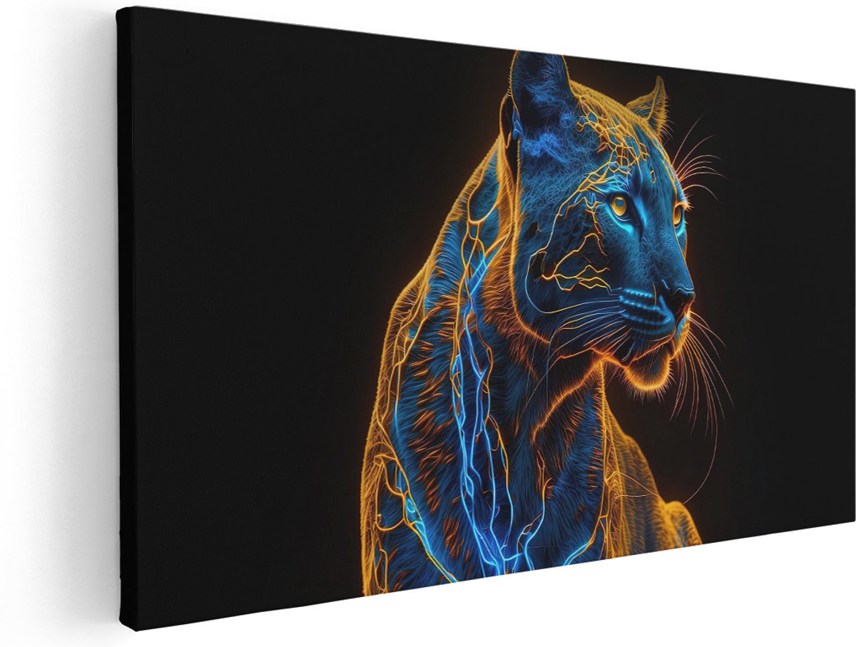 Artaza Canvas Schilderij Panter Schilderij - 160x80 cm - Groot - Wanddecoratie Abstract - Muurdecoratie Dieren - Kamer Accessoires Neon Blauw
