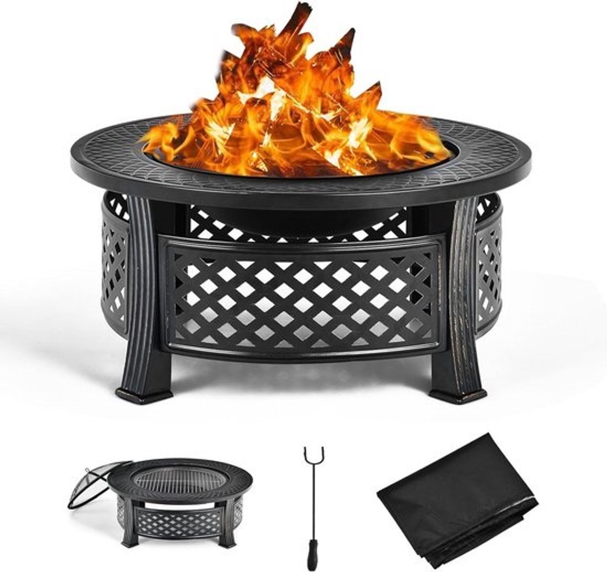 Grote Vuurschaal Buiten met BBQ Grillrooster en Afdekhoes, 3-in-1 Terrasverwarmer