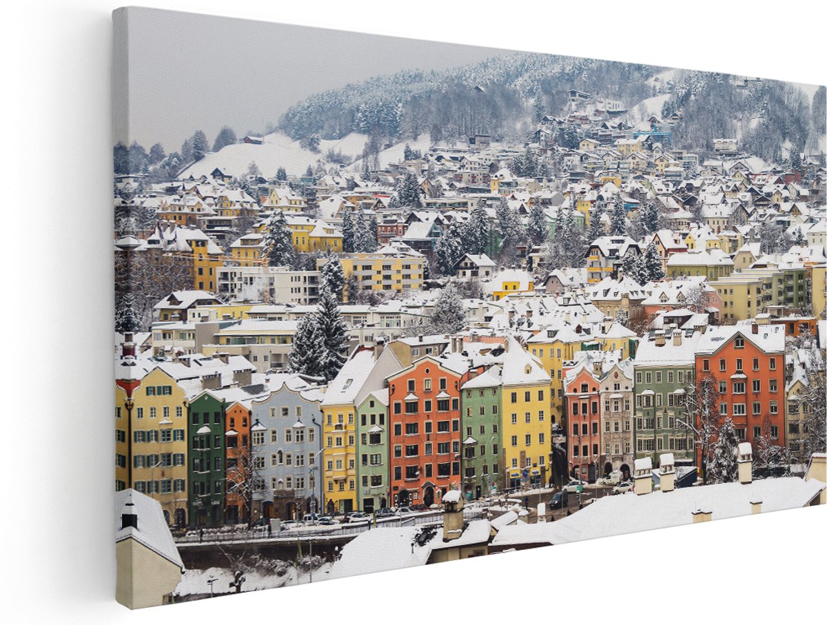 Artaza Canvas Schilderij Gekleurde Huisjes met Sneeuw in Oostenrijk - 160x80 cm - Groot - Wanddecoratie Woonkamer - Schilderijen - Muurdecoratie