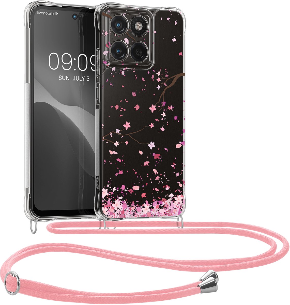 kwmobile telefoonhoesje geschikt voor Motorola Moto G67 / G77 / G87 - Hoesje met telefoonkoord - Back cover voor smartphone - Case in poederroze / donkerbruin / transparant