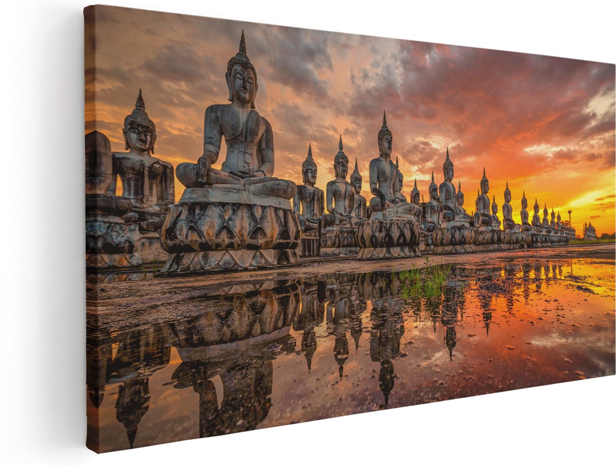 Artaza Canvas Schilderij Boeddha Beelden Tijdens Zonsondergang - 160x80 cm - Groot - Wanddecoratie Woonkamer - Schilderijen - Muurdecoratie
