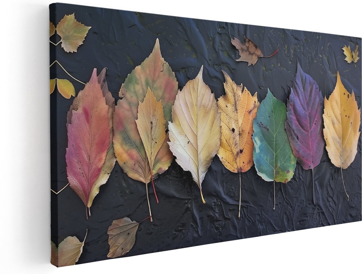 Artaza Canvas Schilderij Kleurrijke Herfst Bladeren op een Zwart Oppervlak - 160x80 cm - Groot - Klein - Wanddecoratie Woonkamer - Schilderijen - Muurdecoratie