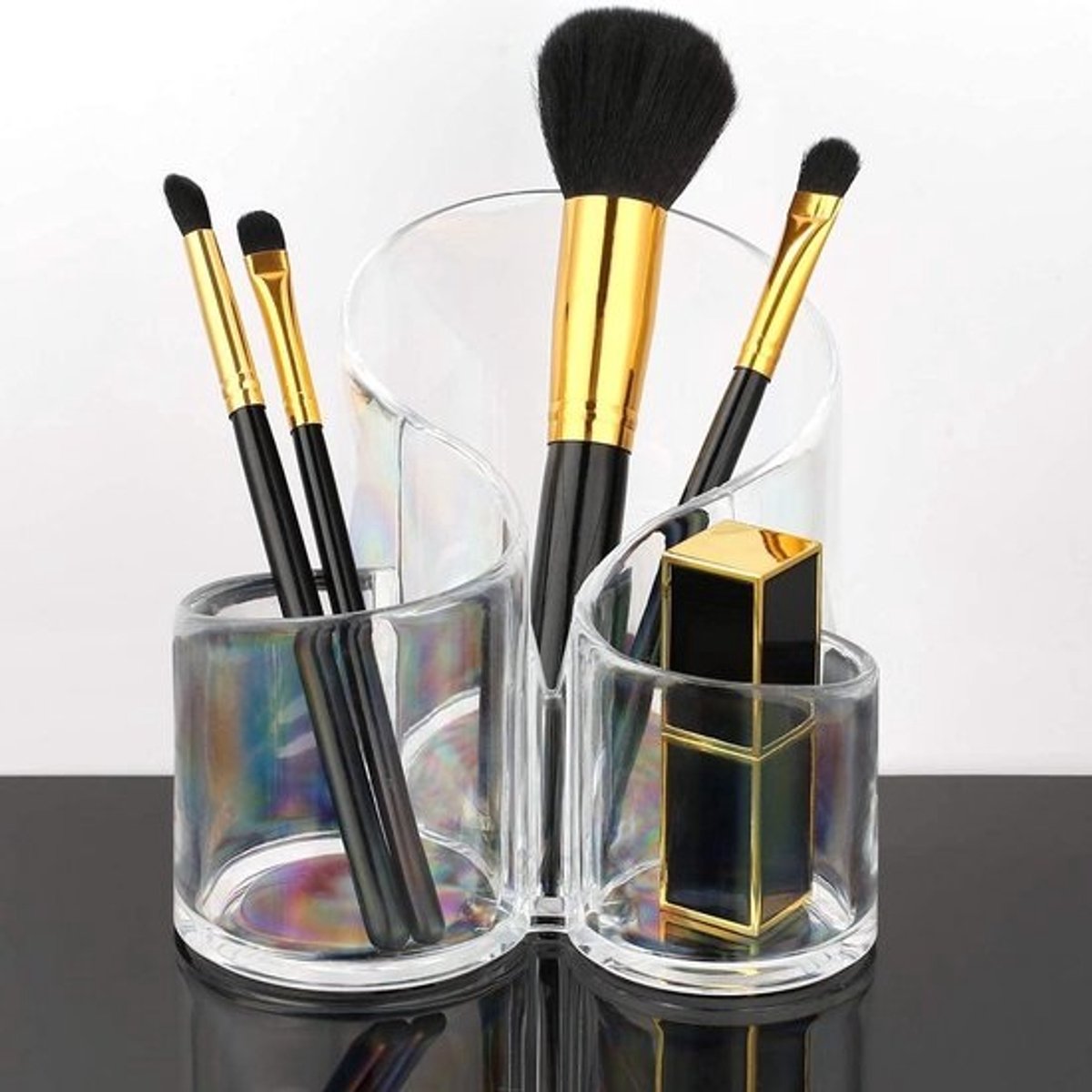 Transparante Drie-Vakken Cosmetische Organizer - Acryl Make-up Borstelhouder Rond