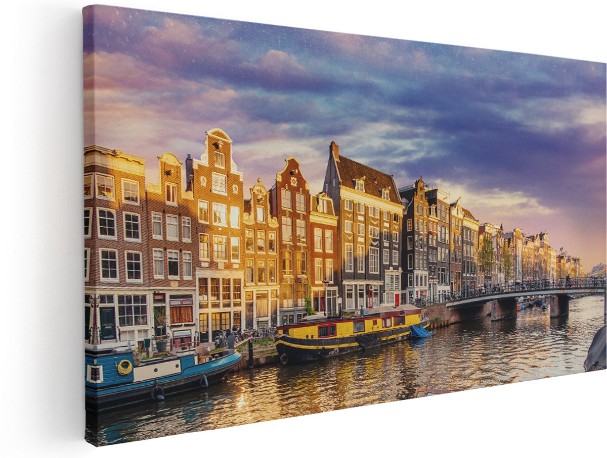 Artaza Canvas Schilderij Amsterdamse Gracht In De Nacht Met Sterren - 160x80 cm - Groot - Wanddecoratie Woonkamer - Schilderijen - Muurdecoratie