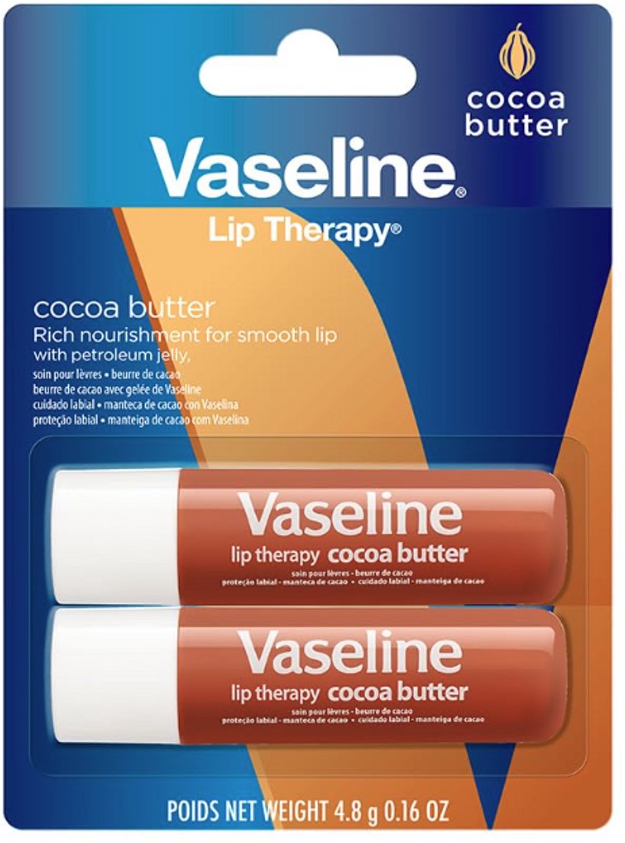 Vaseline Lip Therapy Cocoa Butter Lippenbalsem 2-Pack – Met Cacaoboter & Vaseline Jelly – Voor Droge en Gebarsten Lippen