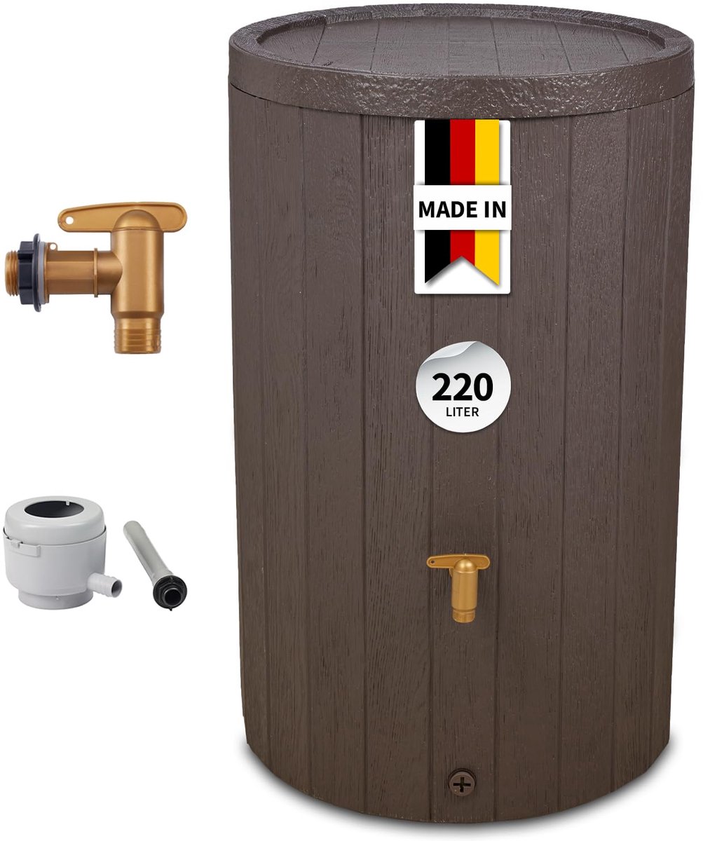 Regenton 220 Liter Complete Set met Aftapkraan Regenpijpaansluiting UV Bestendig Bruin