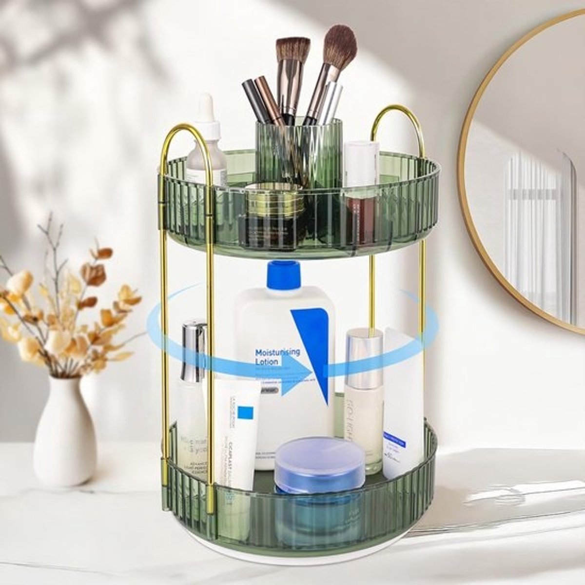 Draaibare Make-up Organizer 360° - 2-Laags Opbergstation voor Cosmetica - Donkergroen