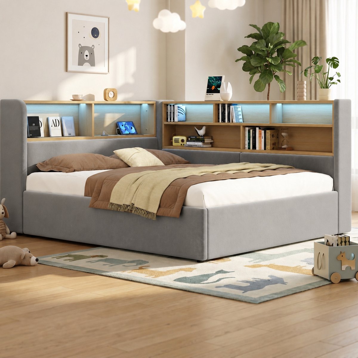MIVRAY Bed 140x190 cm - Hydraulische Opbergruimte Met LED, USB En Type C - Voor Kinderkamer Of Slaapkamer - Stof Grijs