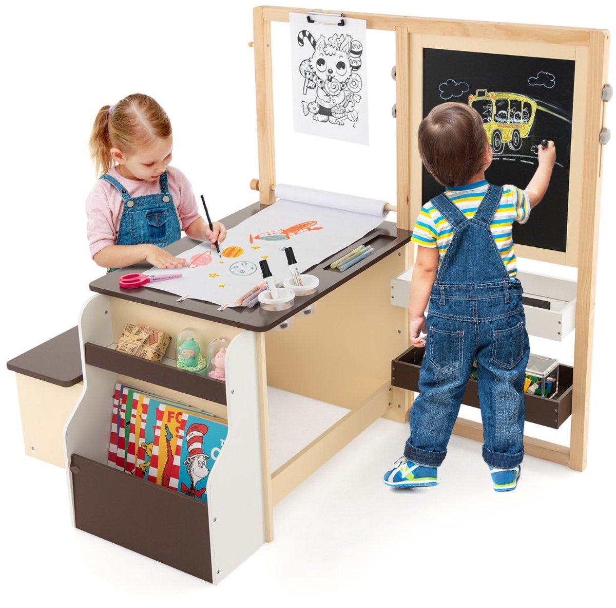 SureDeal® - Boekenkast - Houten Kinderbureau - Bankje Dubbelzijdig Verstelbaar - Papierrol - 114x81x100 cm - Koffiebruin