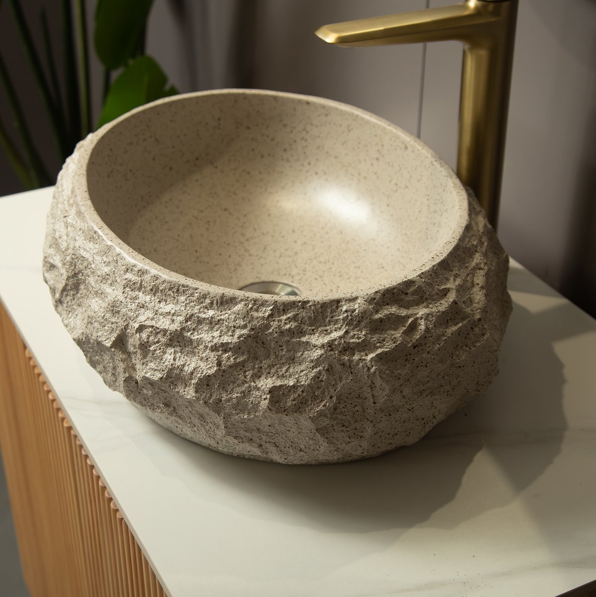 MIVRAY Waskom – Organische Steenlook – 50 cm – Hars – Beige – Opbouwkom voor Badkamer – Zonder Overloop en Zonder Kraan