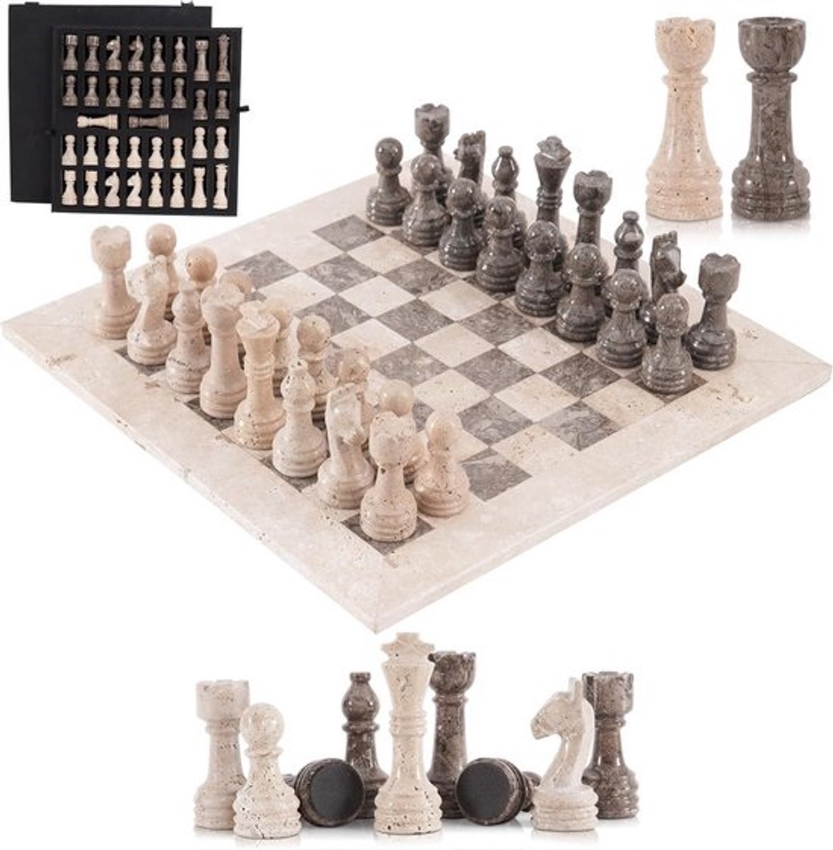 Luxe marmeren schaakspel 38 cm - Handgemaakt met steen en opbergdoos
