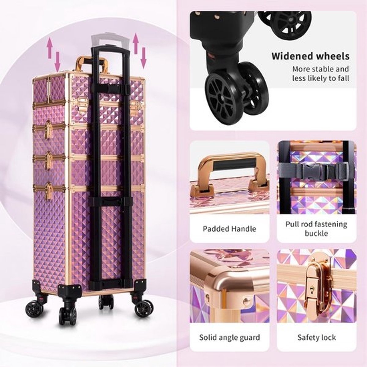 Professionele Make-up Trolley Koffer 4-in-1 met Draaibare Wielen en Grote Opslag