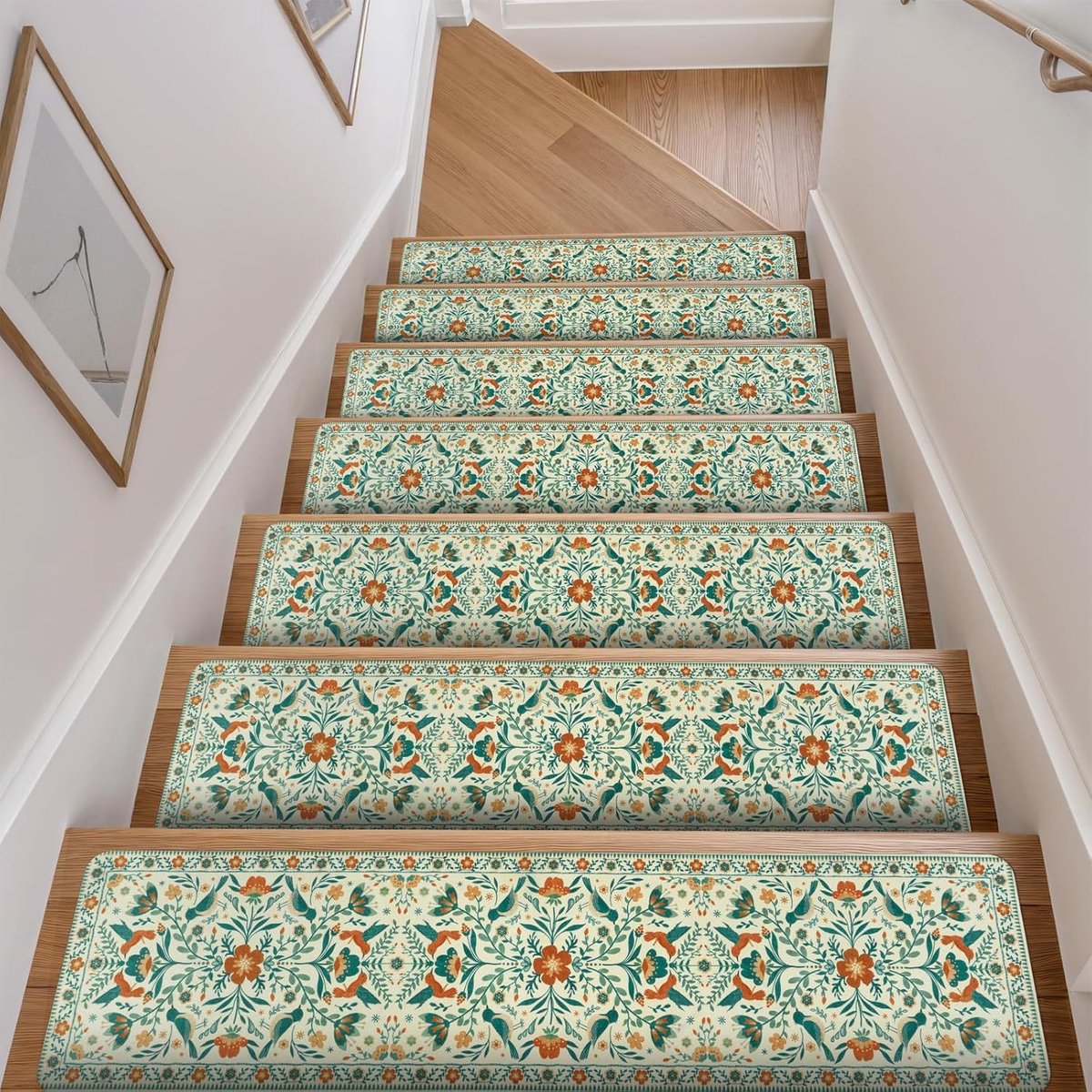 Traptreden matten set | Groen‑oranje bloemenpatroon | 20*80 cm | 4 stuks | Diatomeeënaarde | Antislip trapbescherming voor binnen