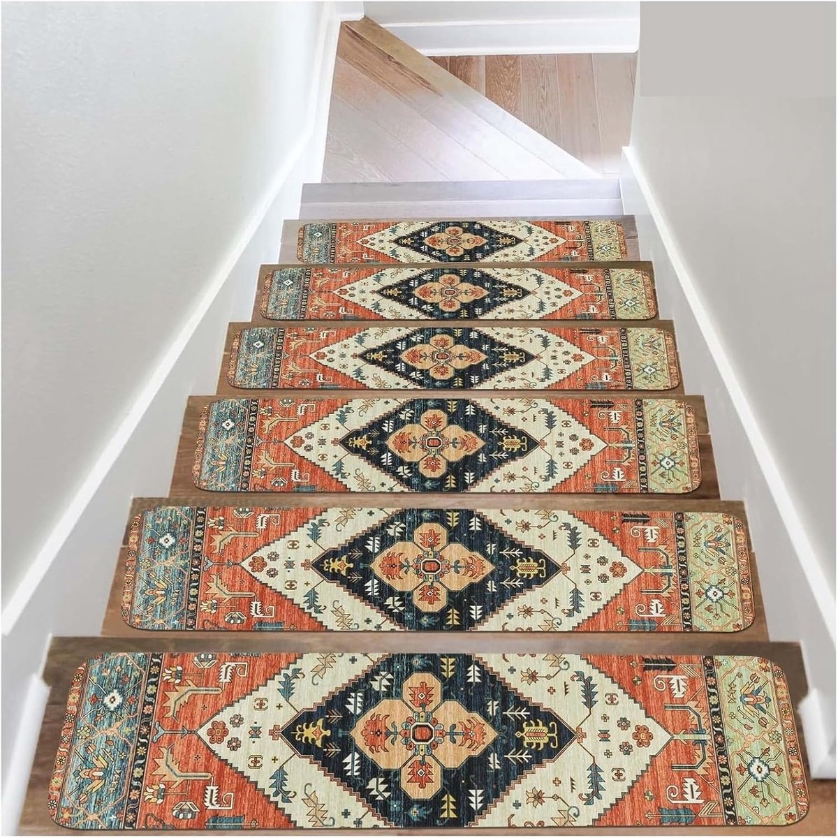Traptreden matten set | Retro etnisch patroon | 20*76 cm | 6 stuks | Diatomeeënaarde | Antislip trapmatten voor binnen