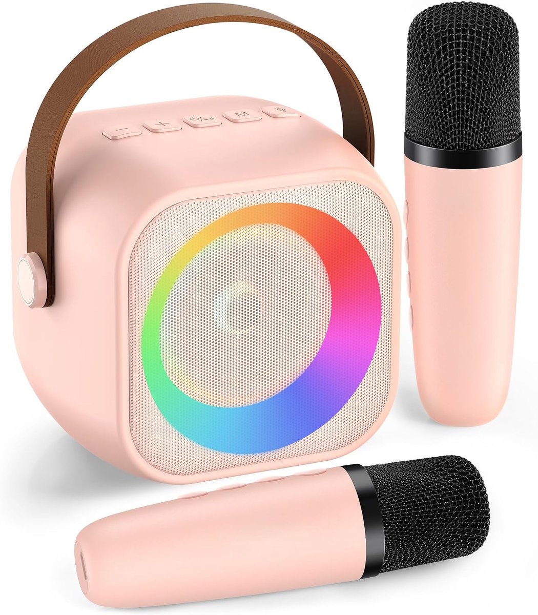 Draagbare karaokespeaker - Bluetooth met 2 microfoons - voor zang en plezier - thuis en onderweg - draadloos audioset - voor kinderen en volwassenen - roze - 1 set