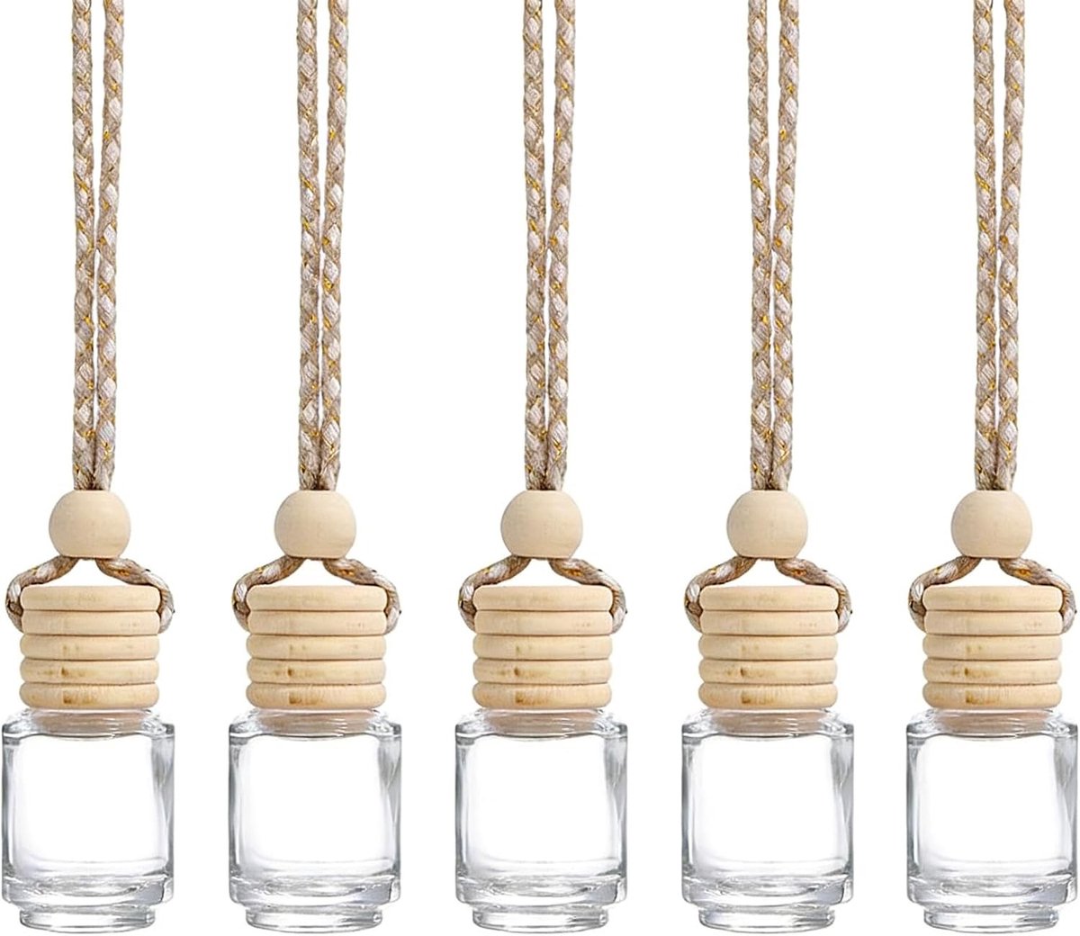 Vulbare Autoluchtverfrisser Flessen met Houten Deksel - 5 Stuks Hangende Essentiële Olie Diffuser voor Auto en Thuis, Duidelijke Glazen Vernevelaar met Verstelbare Touw voor Geur en Aromatherapie