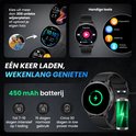 Siltcon FitTrack Pro smartwatch met 4 bandjes, oplaadkabel. Batterij gaat 7-10 dagen mee.
