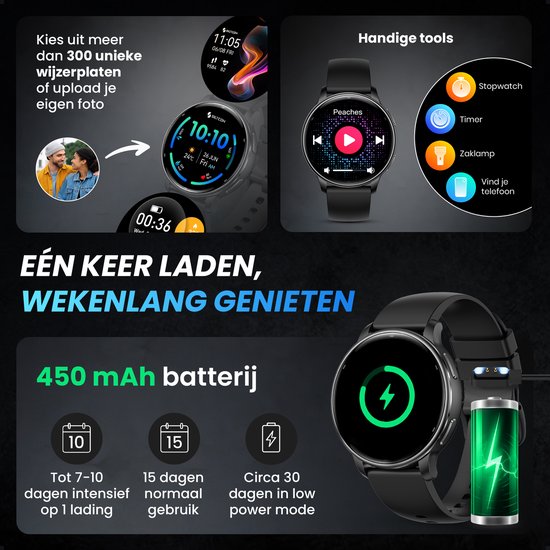 Siltcon FitTrack Pro smartwatch met 4 bandjes, oplaadkabel. Batterij gaat 7-10 dagen mee.