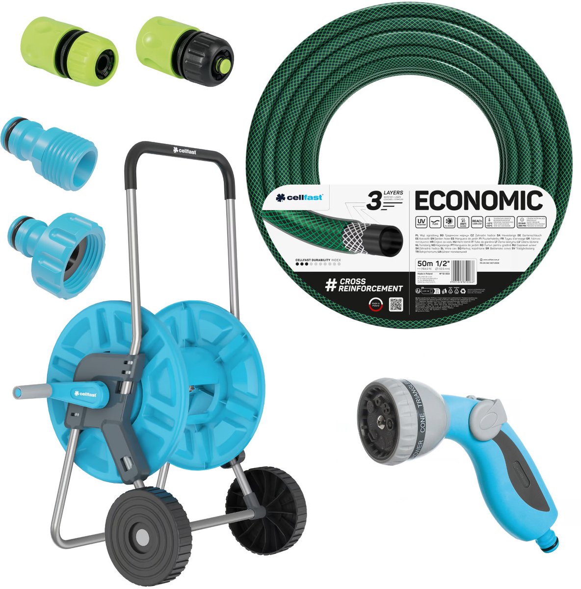 Tuinslang Economic 1/2" 50 m + karretje, aansluiting met binnendraad 3/4", aansluiting met buitendraad 1/2", doorstroom- en stop-snelkoppeling 1/2" + 8-standen sproeipistool Cellfast Mix Ideal