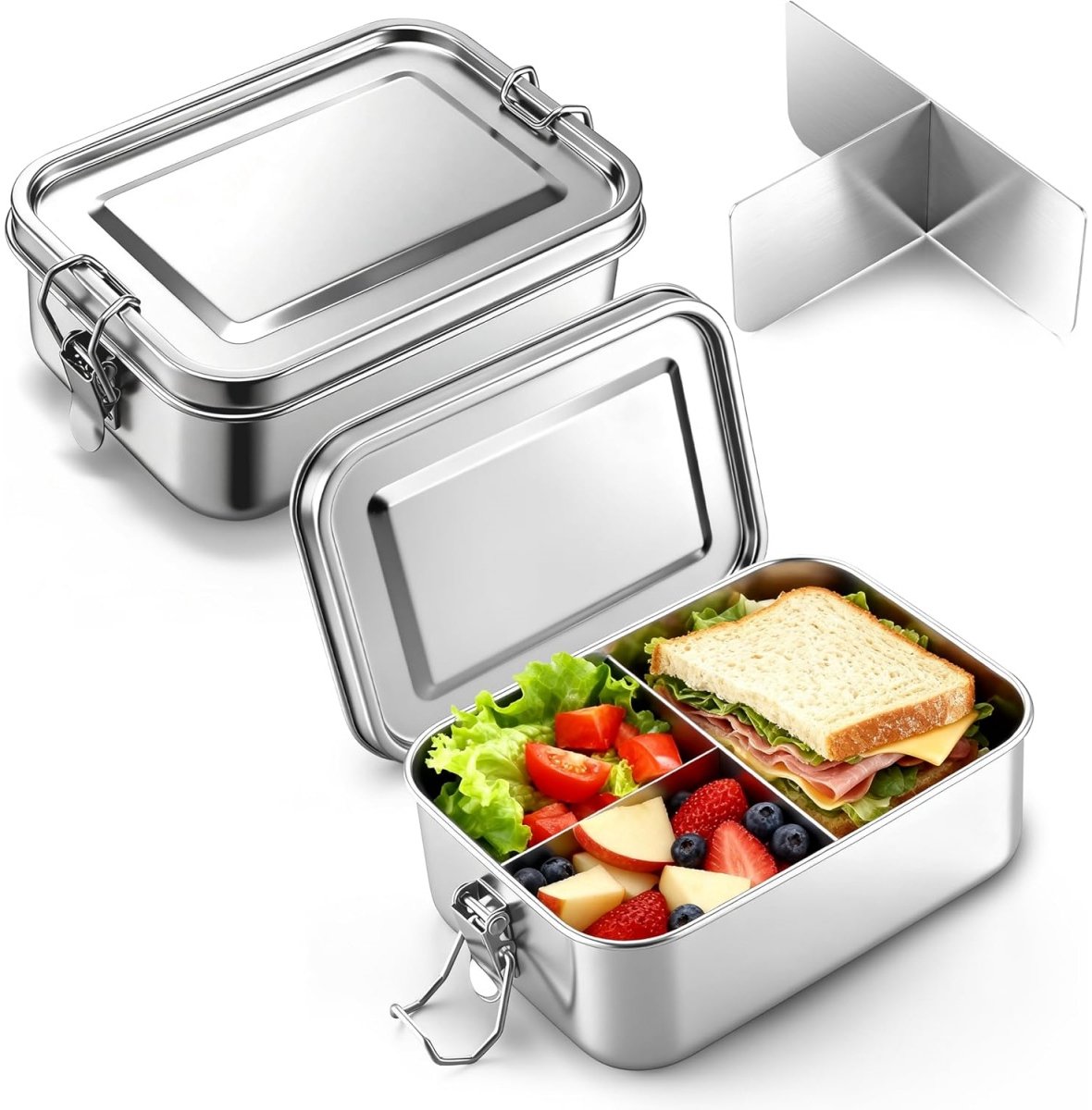 longziming - Roestvrijstalen Lunchbox - Metalen Maaltijdcontainer - Met Afneembaar Vak - 850 ml - Siliconen Ring En Sluitklemmen - Compact Formaat - Voor School En Kantoor - 1 Stuk