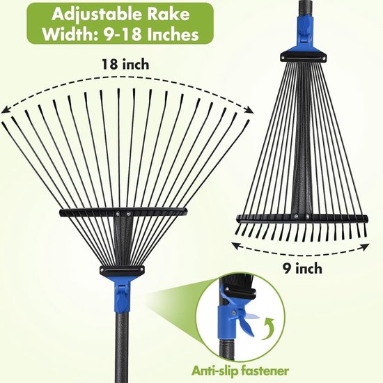 Efficiënte Bladhark met 18 Tanden, Verstelbare Hoofd van 25-45 cm, Ergonomische Handgreep van 210 cm voor Makkelijk Bladeren Verzamelen en Tuinafval Opruimen — afbeelding 5