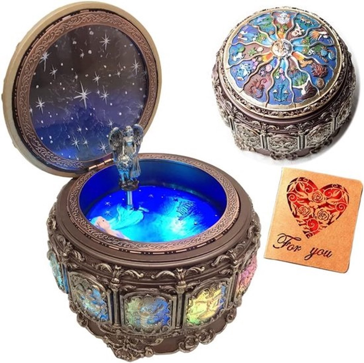 Muziekdoos Sterrenbeelden - Roterende Decoratie - Sfeervol Cadeau - LED Verlichting - 12cm Afmeting - Gepolijst