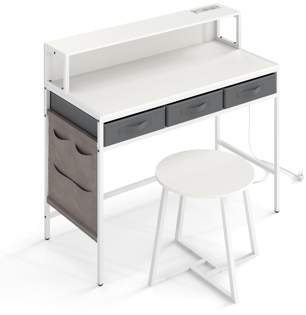 SureDeal® - Kaptafel - Computerbureau - Stopcontacten - Kruk - Monitorstandaard Linnenkasten - 110x50x95,5 cm - Wit