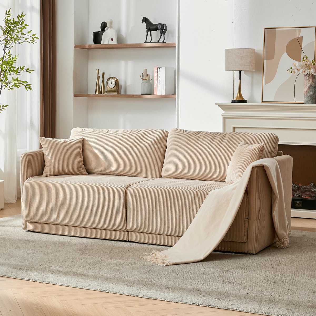 MODENUIT Slaapbank 2-Zits 202 cm - Uitklapbaar Met Slaapfunctie - Voor Woonkamer En Studio - Stof Beige