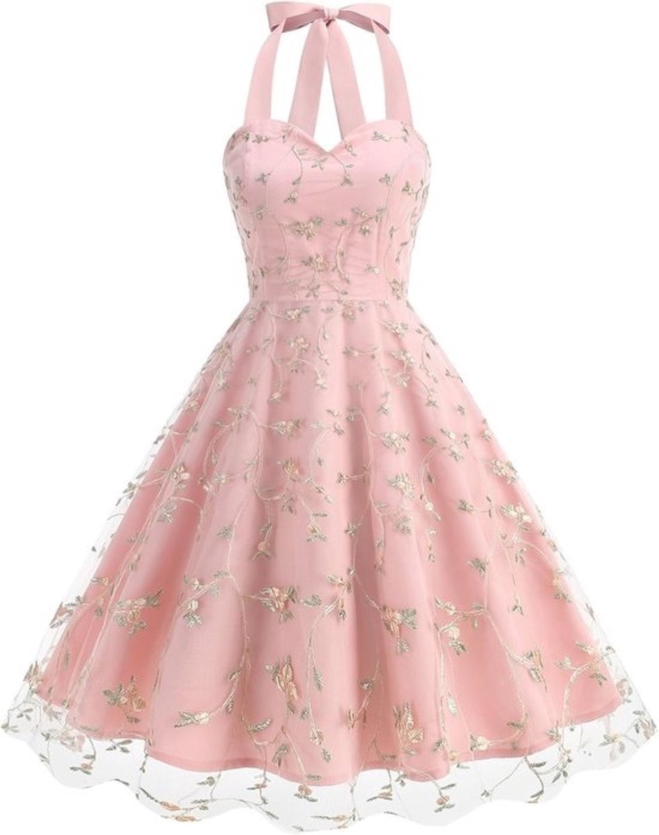 Dames Jurk - Feestjurk Mini - Formele Gelegenheid - Bloemen Borduursel - XXL - Roze