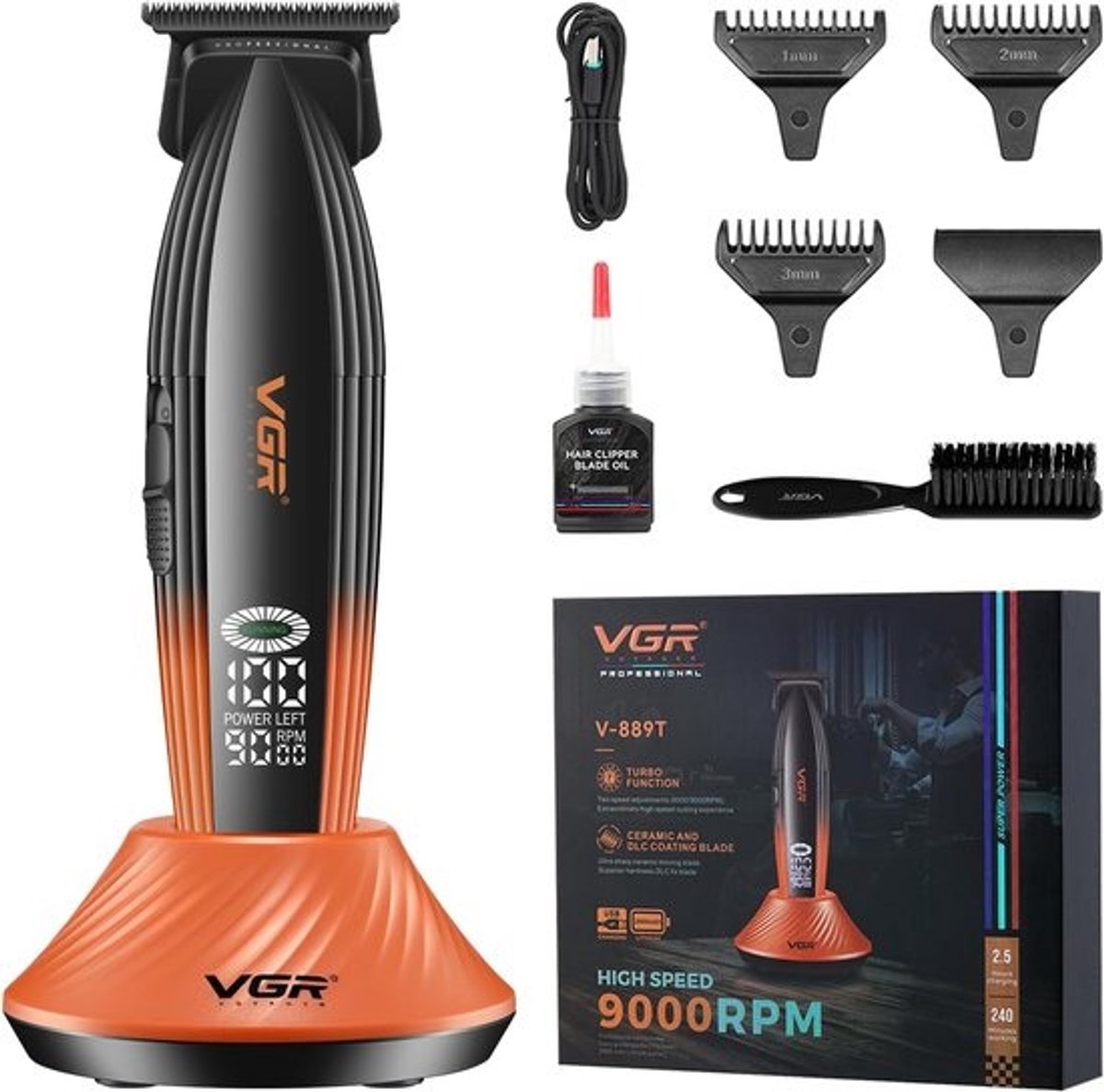 Professionele Contour Haarknipper - Draadloze Trimmer Heren - Precisie Kapsels Maken - Turbofunctie LED Display - USB Opladen Station - Oranje