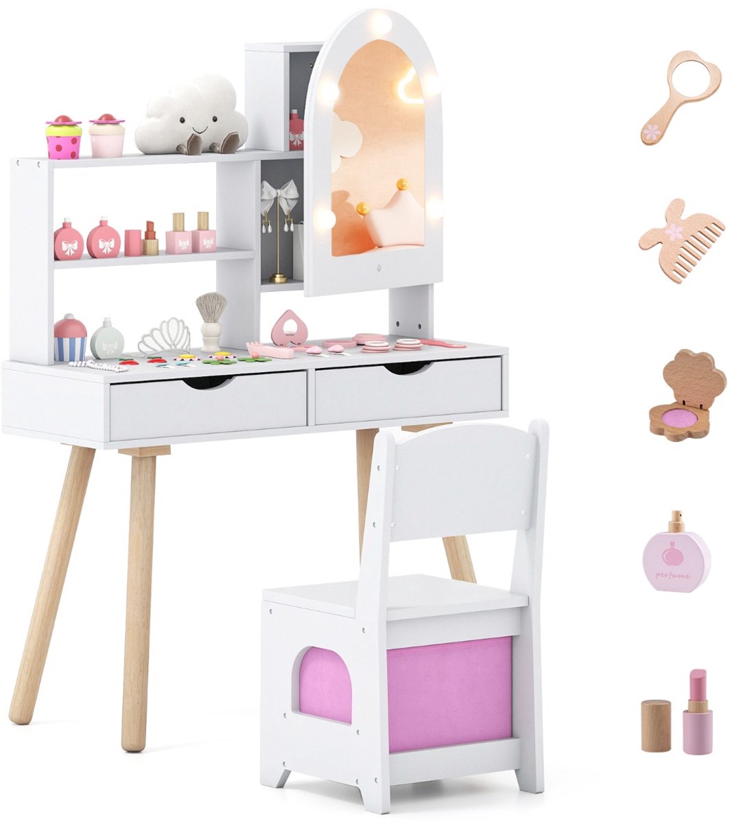 SureDeal® - Kaptafel - Kinderkaptafel - Stoelset - Spiegel - 79x29x113 cm - Wit