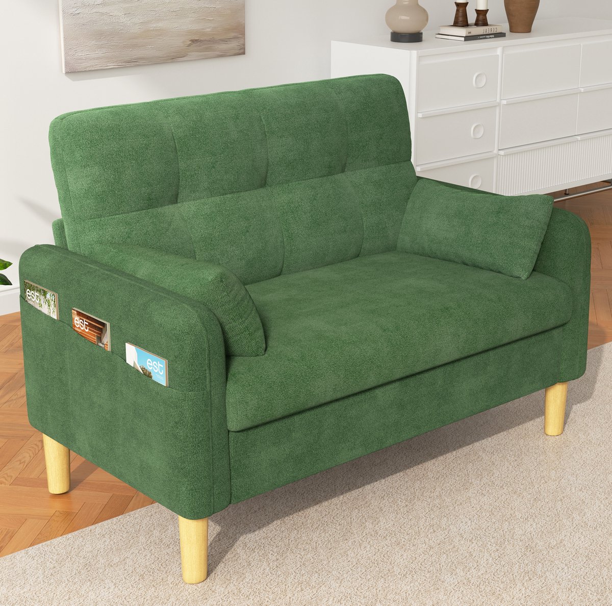 MODENUIT Zitbank 119 cm - 2-Zits Met Opbergtas En 2 Kussens - Voor Woonkamer En Slaapkamer - Chenille - Groen