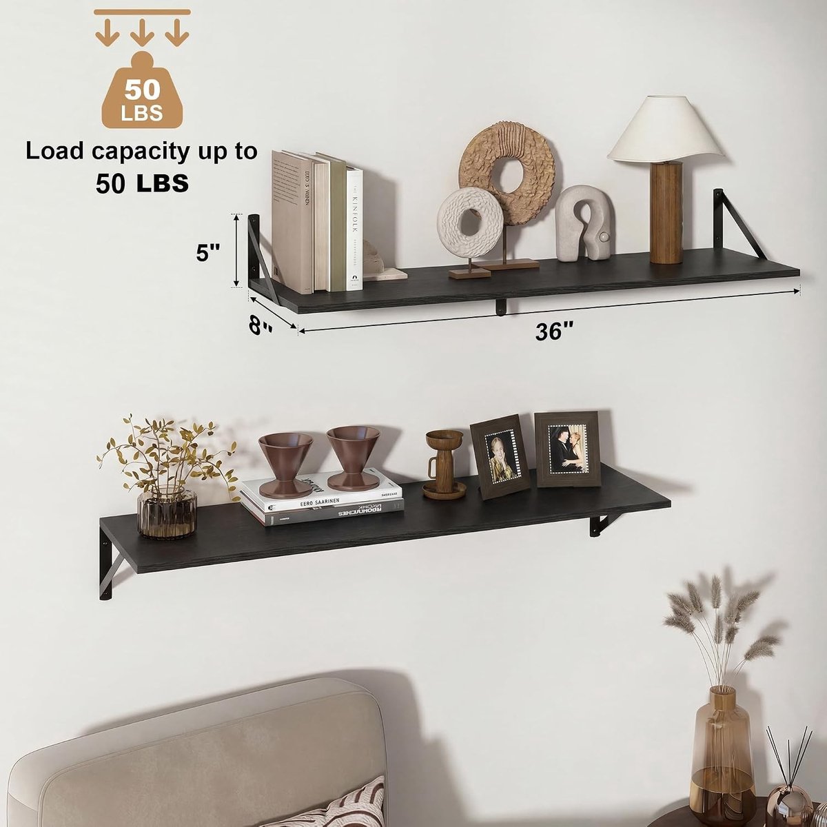 Set van 2 Wandplanken van Hout, 90 x 20 cm, Zwarte Plank met Metalen Houder, Ideaal voor Woonkamer, Badkamer, Keuken en Slaapkamer