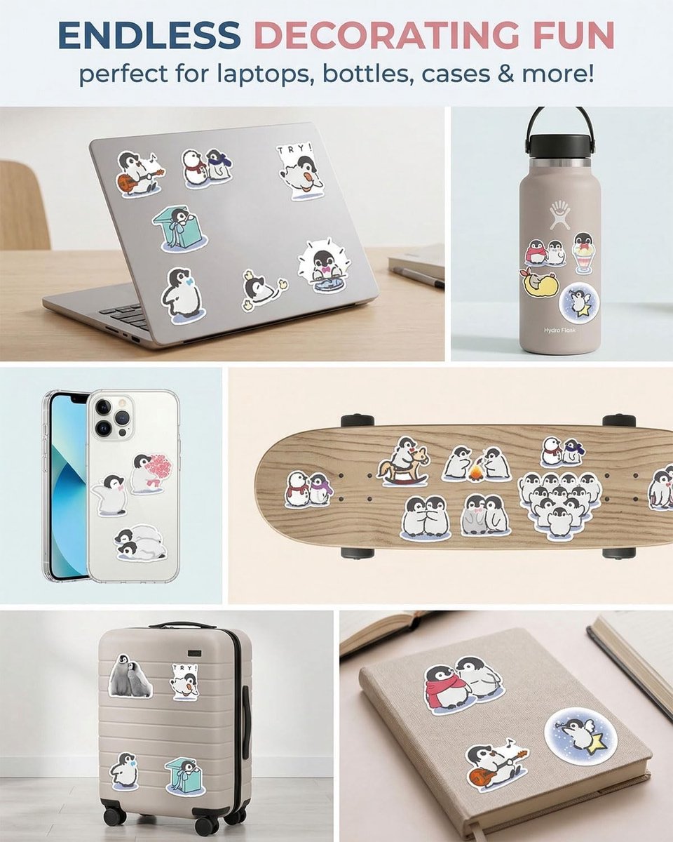 Pinguïnstickers in cartoonstijl - 100 waterdichte vinylstickers voor kinderen, perfect voor skateboard, bagage en creatieve projecten