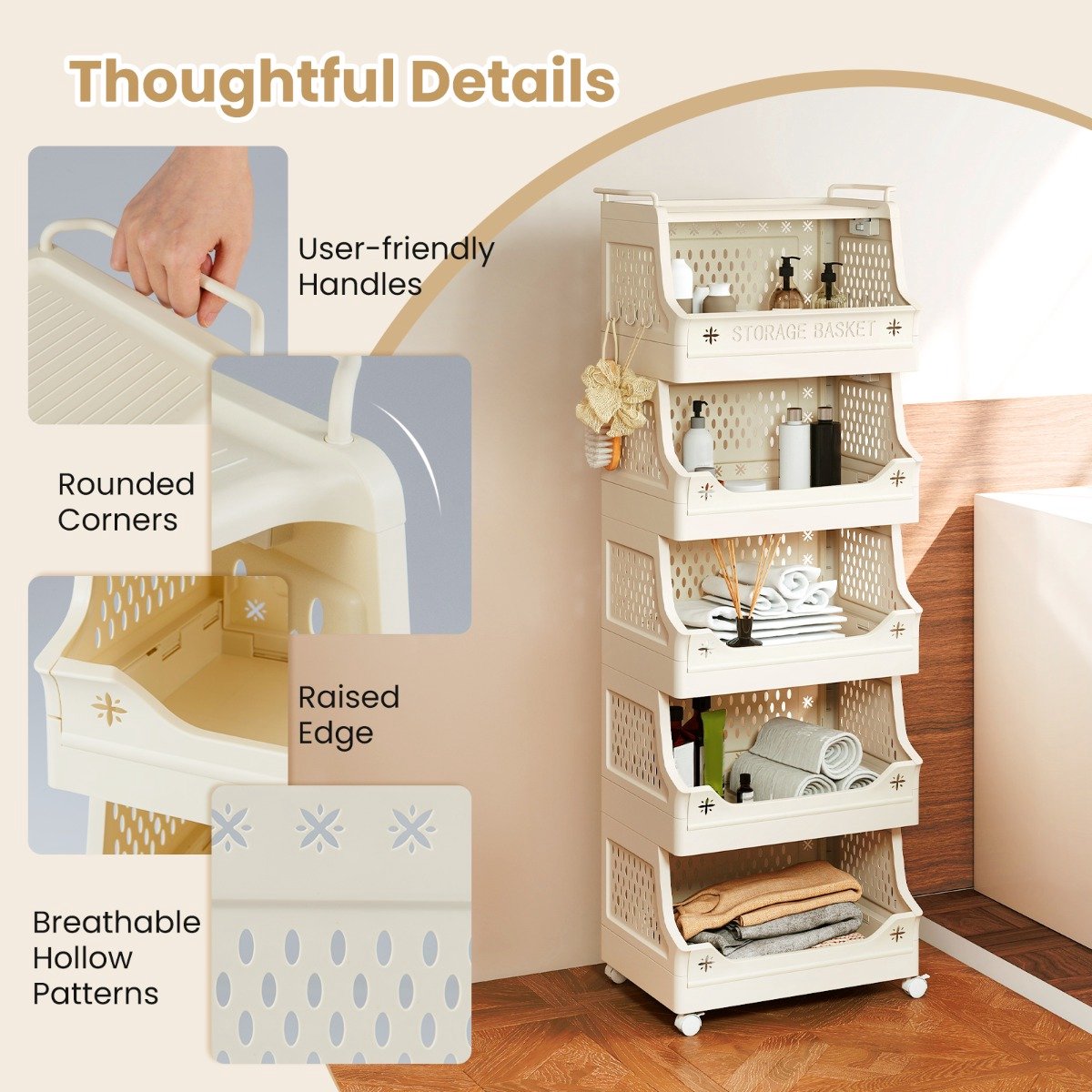 SureDeal® - Boekenkast - Opbergrek - Wieltjes Stapelbare Kunststof - Handgrepen - Haken - 44,5x29,5x52,5 cm - Beige