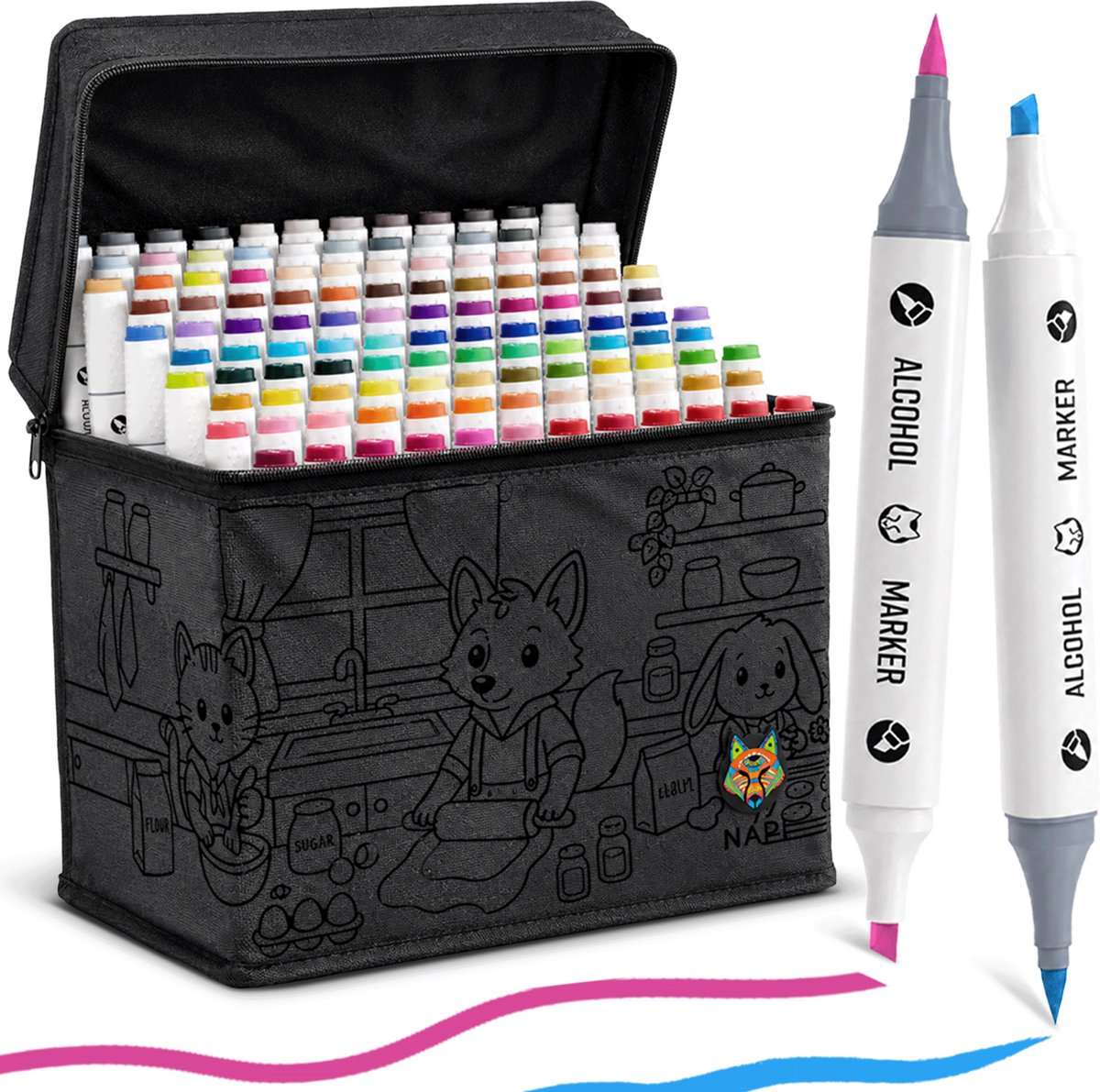 NAPI Twinmarkers - Alcohol Markers 120 Stuks - Dubbelzijdige Tip (Brush en Chisel) - Voor Volwassenen - Incl. Blender, Opbergcase en Kleurkaart