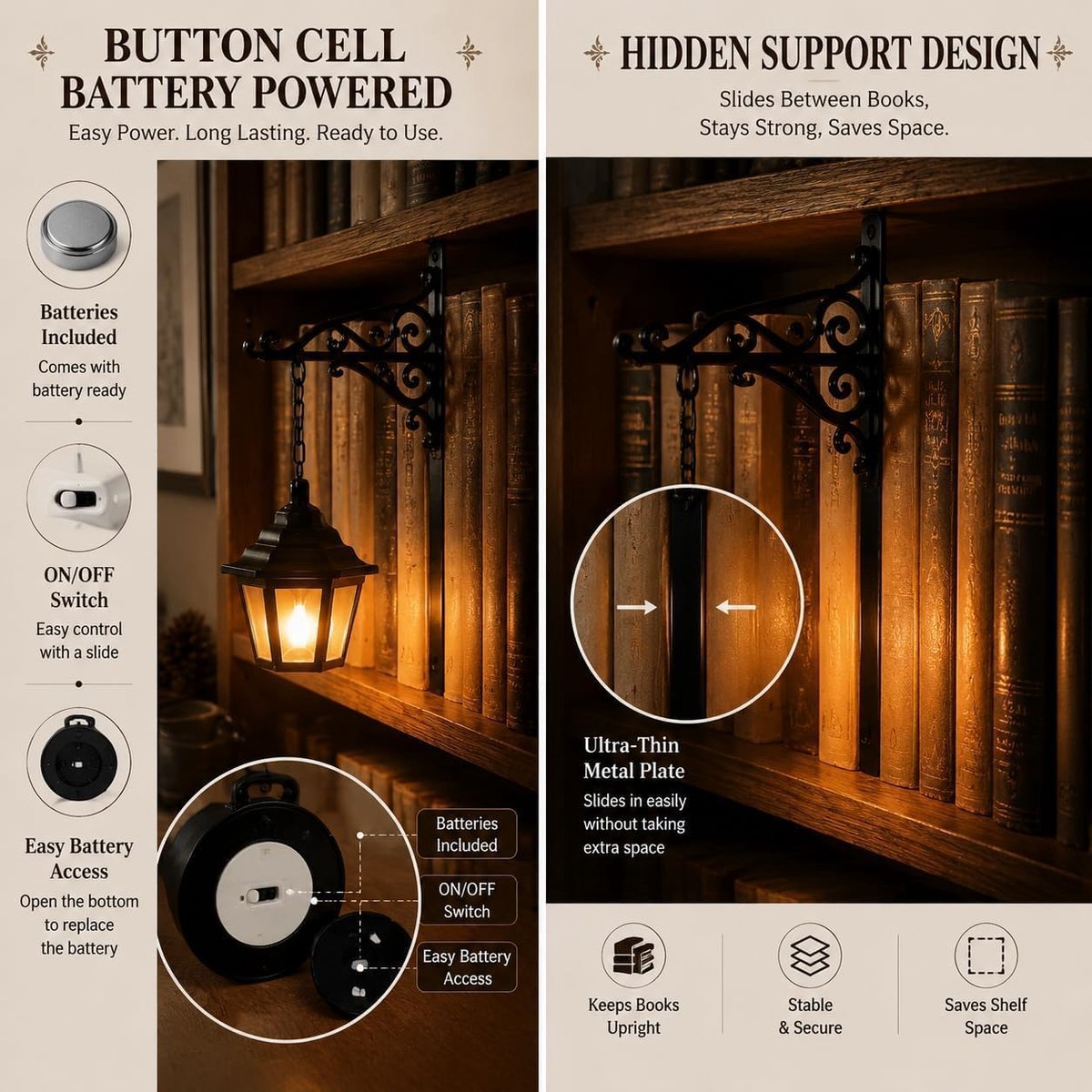 boekensteun metaal-boekensteun met lamp-boekensteun lantaarn-Bibliotheek boekenplanklamp - Boekenplanklamp -Antieke LED spookboeklamp - Studiehoeklamp - Uniek cadeau voor de leeshoek - Zwart - 23,5 x 22,5 cm