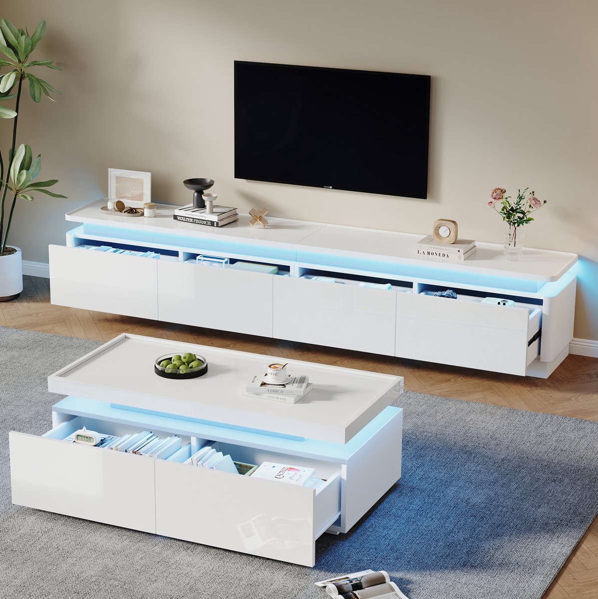 REDOM - TV meubel set van 2 - Hoogglans - LED verlichting - Moderne minimalistische stijl - Woonkamer - Spaanplaat - Wit - 180 x 34 x 40 cm