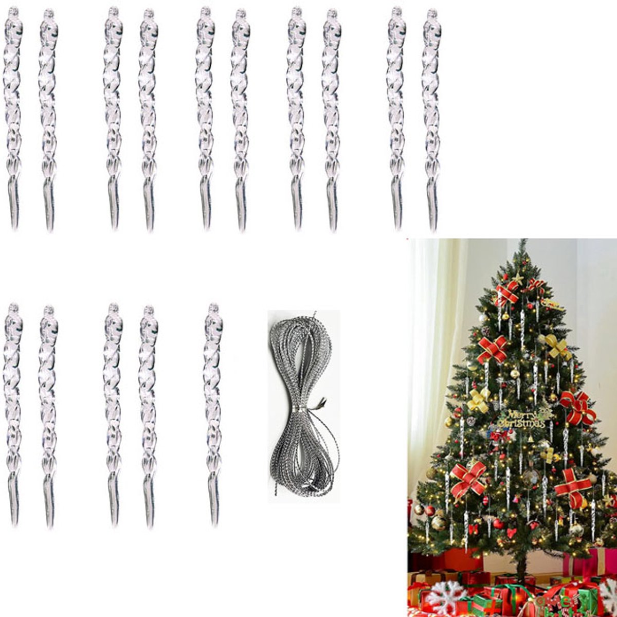 15-stuks Kerstboom ijspegel decoratie - IJspegel decoratie - Acryl ijspegel decoratie - Winterdecoratie - Ca. 9,7 cm lang - Glasachtige textuur - Inclusief 5 meter lang snoer - Geschikt voor kerst-, feest- en bruiloftsdecoraties - Transparant