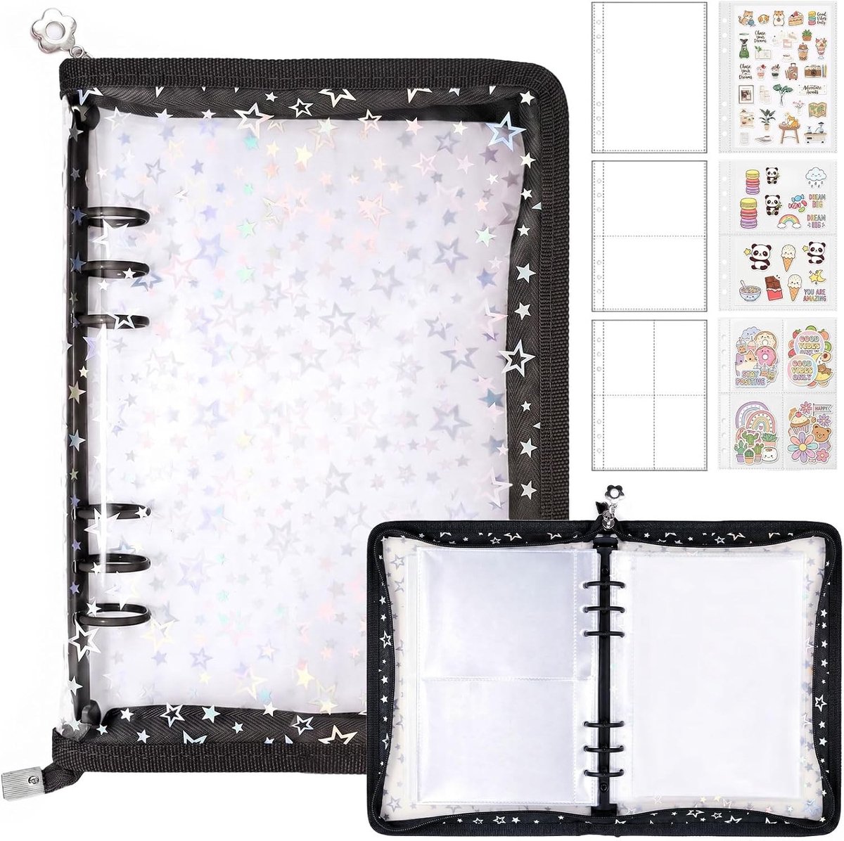 Sticker Album met 360 Pockets, 6-Ring Zipper Map en Glitterende Sterren voor Kpop Foto's, Postkaarten en Stickers Verzamelmap